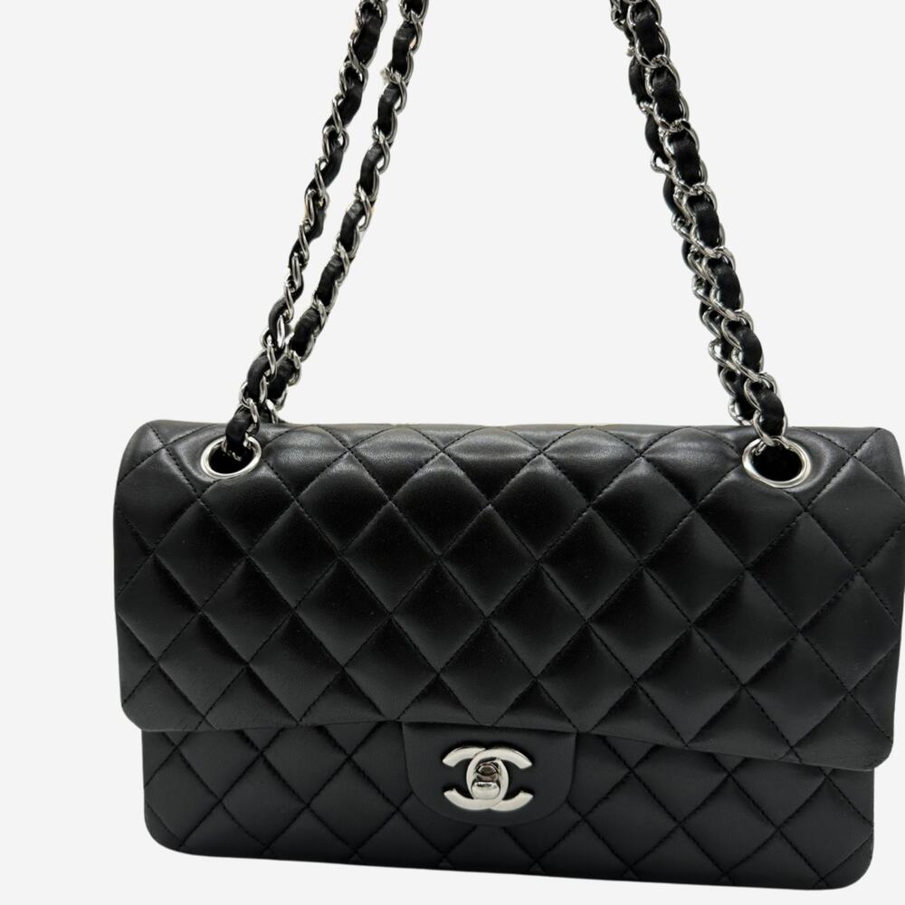 AUTHENTIC Chanel Medium Double Flap Black Lambskin w Silver Hardware from 2012
